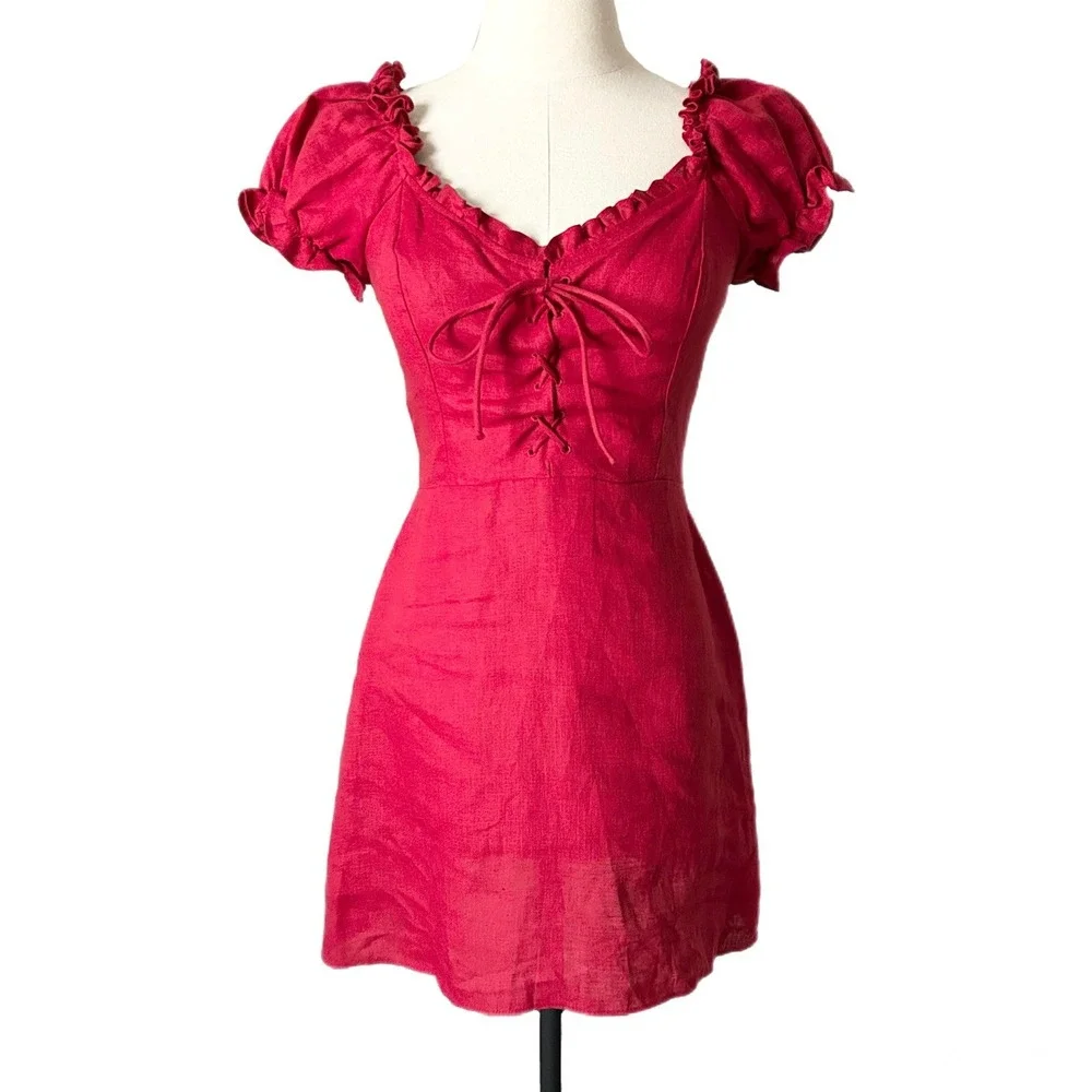 Reformation Klara 100% Linen Mini Dress Lipstick Red Lace-Up Puff Sleeve Size 2